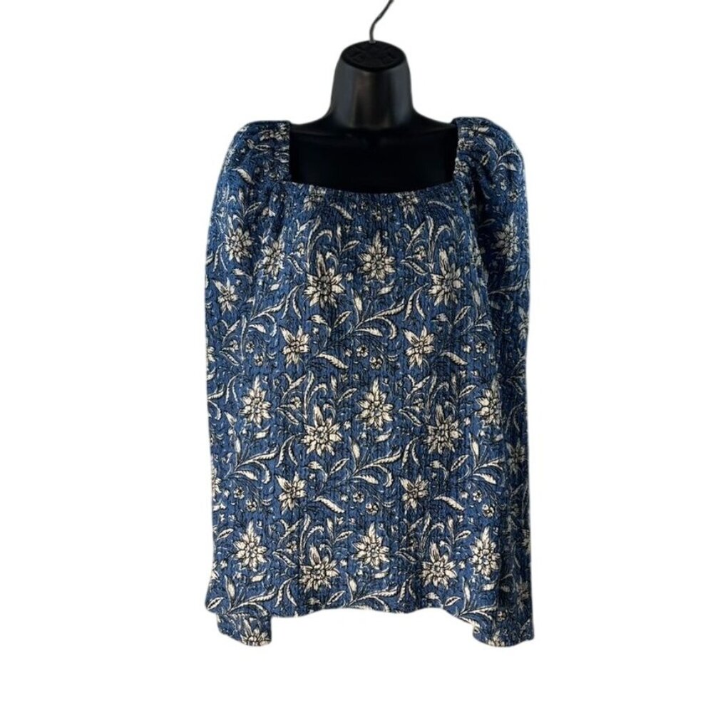 Floral Blue & White Long Sleeve Square Neck Top By Loft Size L